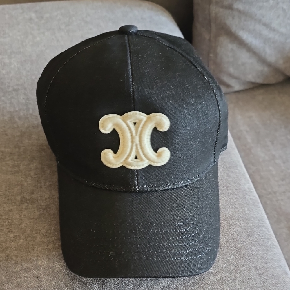 Celine Black Denim Cap with Cream Logo